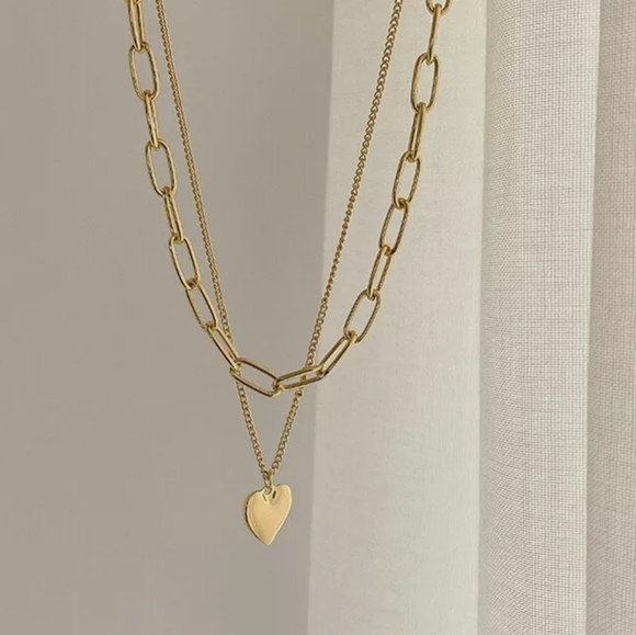 Double Layer Women Jewelry Gold Heart Charms Pendant Necklace New - Picture 7 of 11